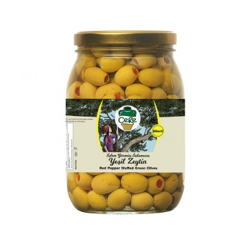 Cere Kırmızı Biber Dolgulu Yeşil Zeytin – 1 Kg Cam Kavanoz