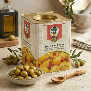 Cere Kırmızı Biber Dolgulu Yeşil Zeytin – 10 Kg Teneke